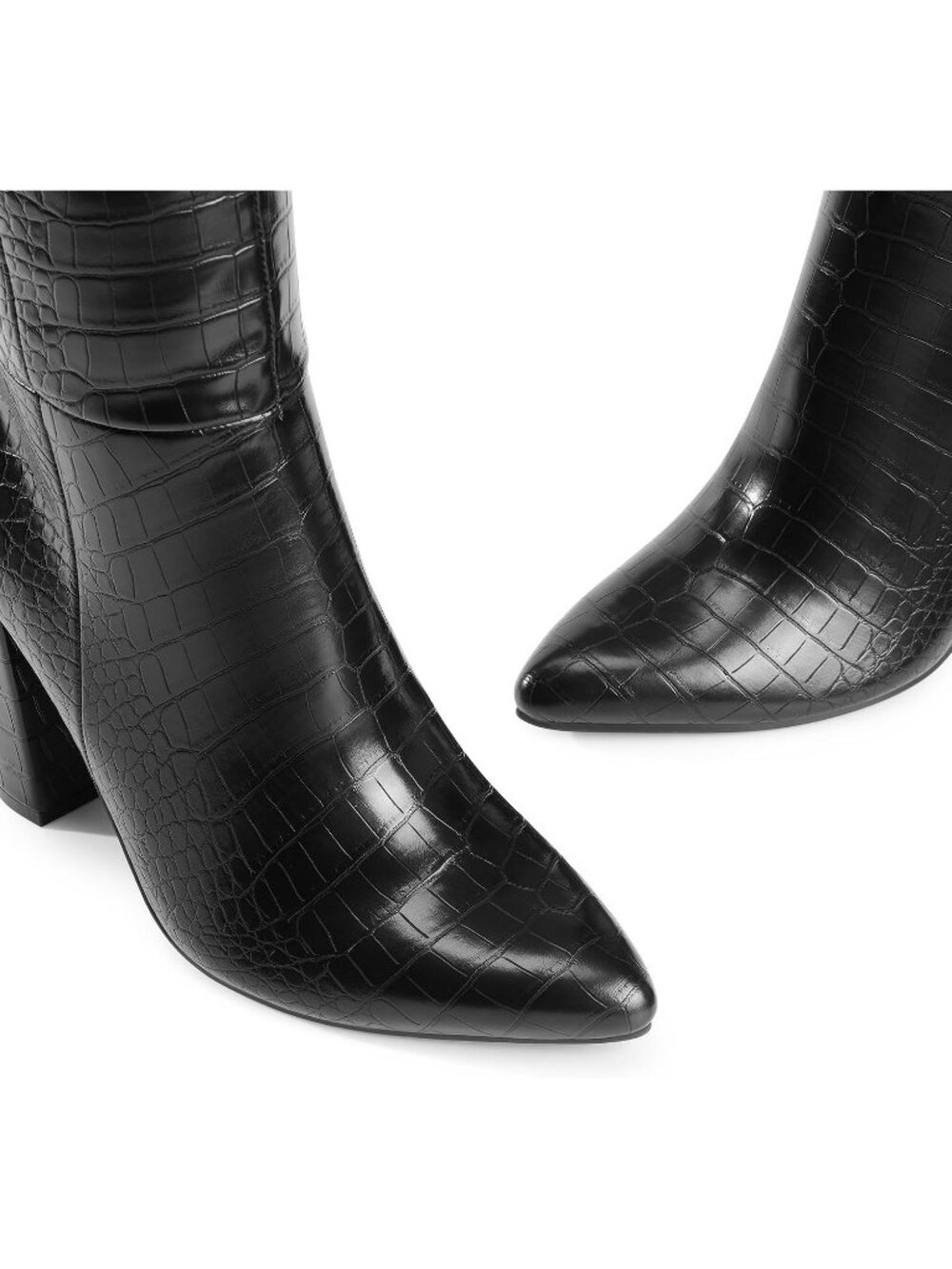 Women's Black-Croco Faux Leather Chunky Heel Pointed Toe Side Zip Knee High Boot - Picture 7 of 8